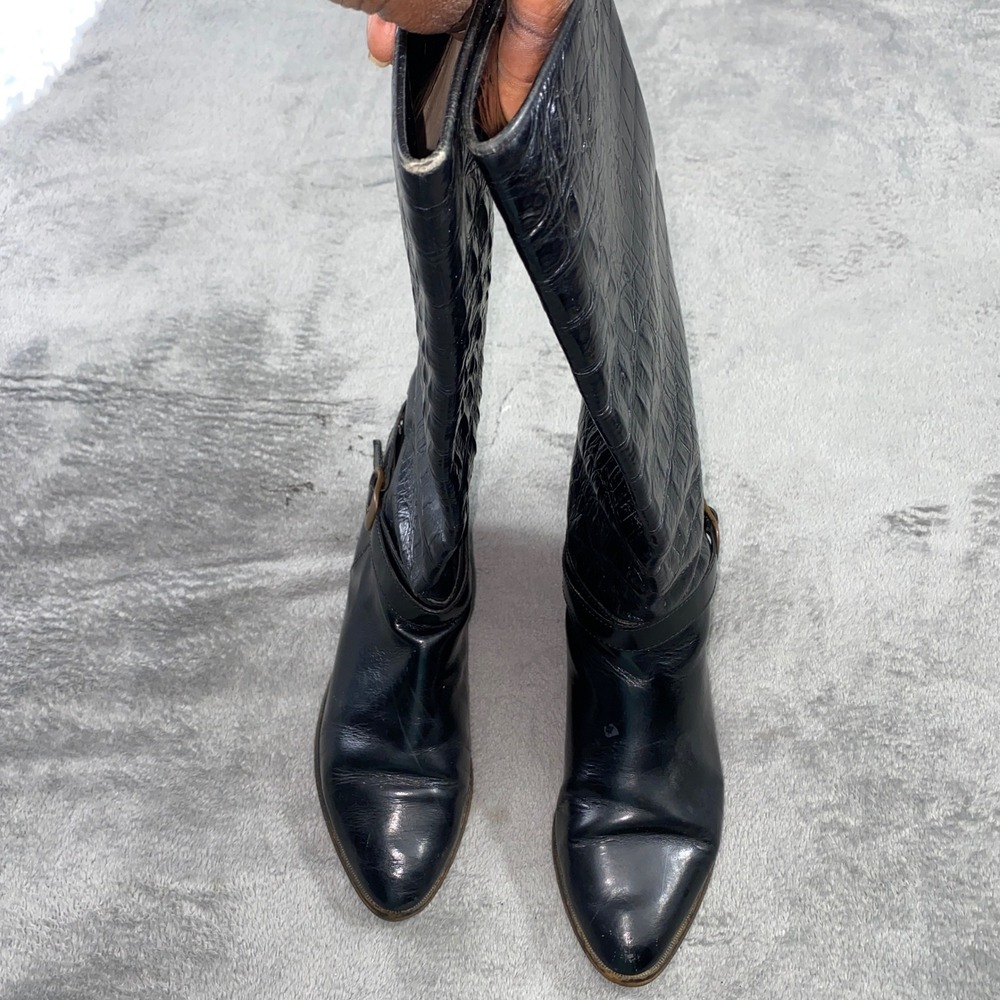 Via Appia Tall Boots Women 7.5 Black Croc Embossed Leather Italian Buckle Strap